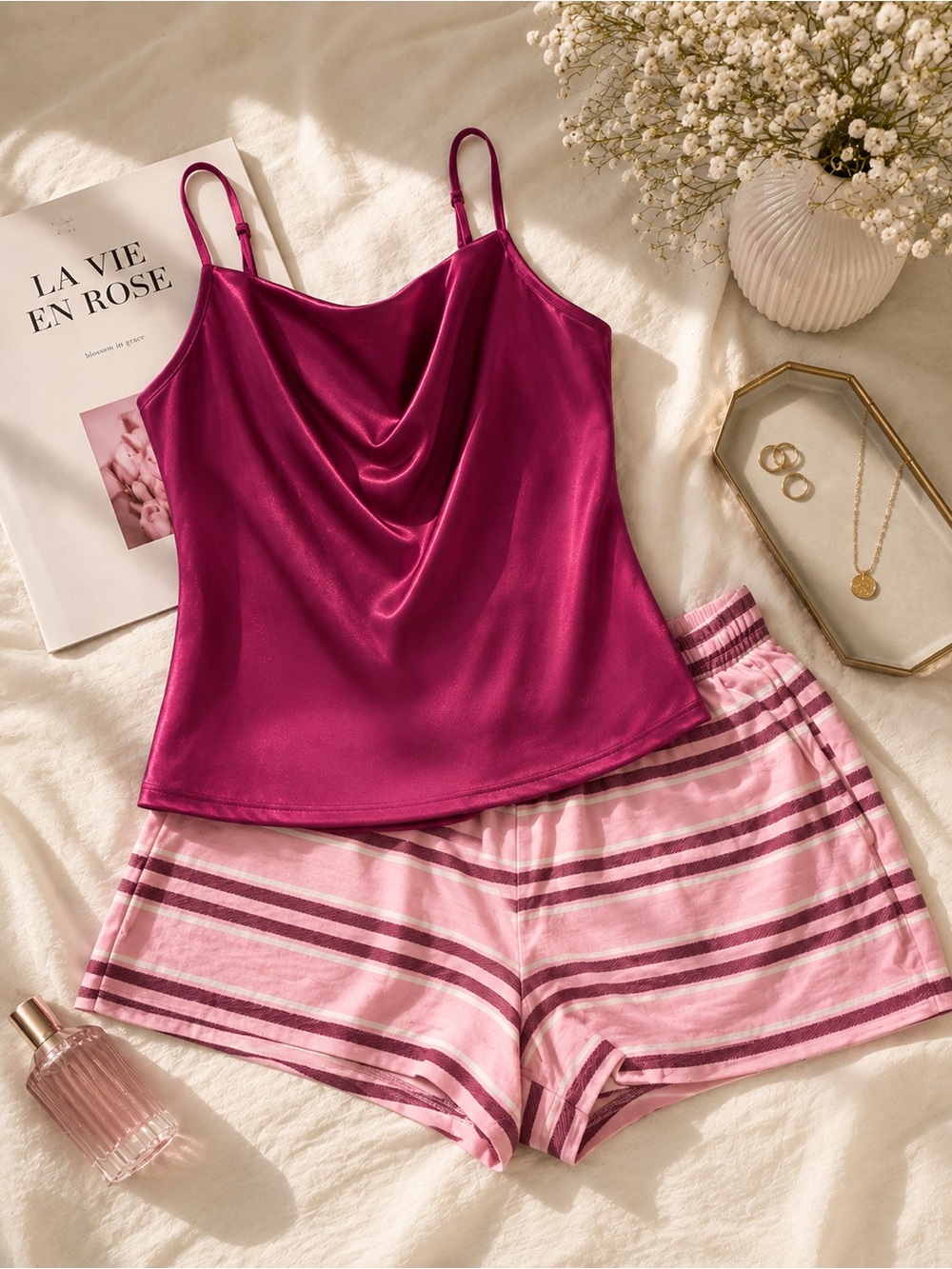 Paperoc Satin Cowl Neck Cami + American Eagle Striped Shorts Set